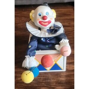 Vintage Clown Porcelain Music Box Emson Blue Red Yellow Circus